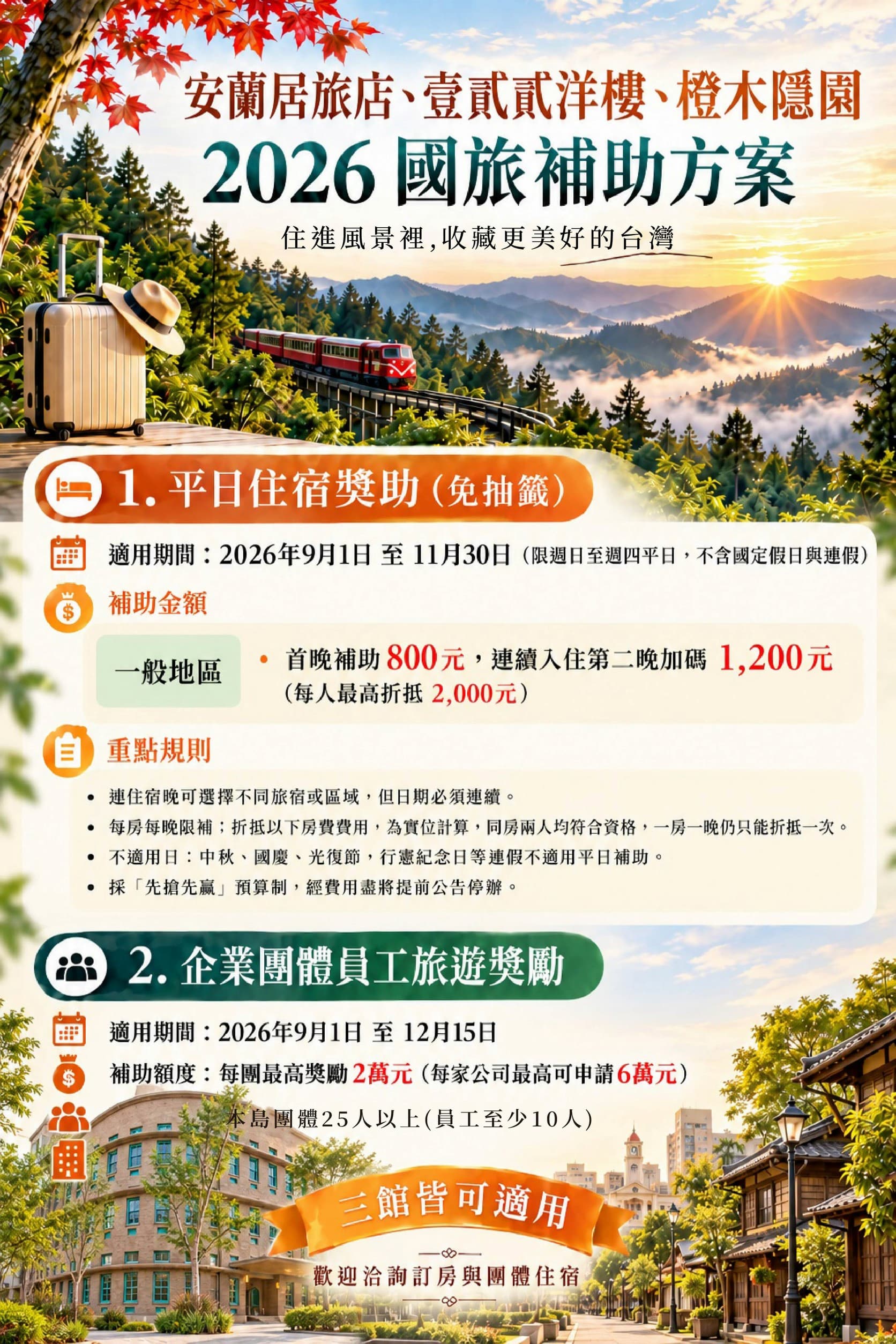 2026 國旅補助方案－安蘭居旅店、壹貳貳洋樓、橙木隱園三館通用